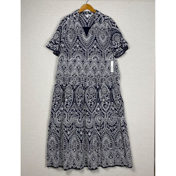 Chicos Maxi Womens 2/US 12 Blue Eyelet Tiered Sundress Boho Cottage Resortwear